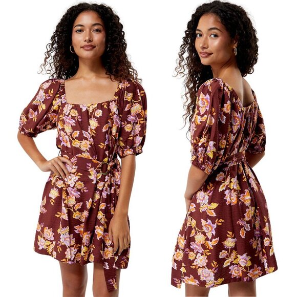 MINKPINK Giselle Belted Floral Mini Dress Women's Large Brown Puff Sleeve NWT - Picture 2 of 16